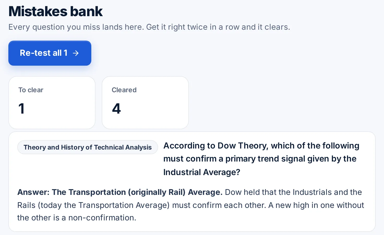 Mistakes bank with missed CMT questions to clear, one expanded to show the answer and explanation